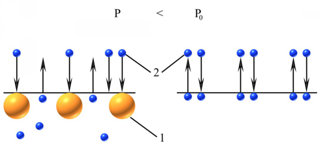 Prężność pary nad czystym rozpuszczalnikiem (Po) i nad roztworem substancji nielotnej (P) w tym rozpuszczalniku. (1 – cząsteczki substancji rozpuszczonej, 2 – cząsteczki rozpuszczalnika).