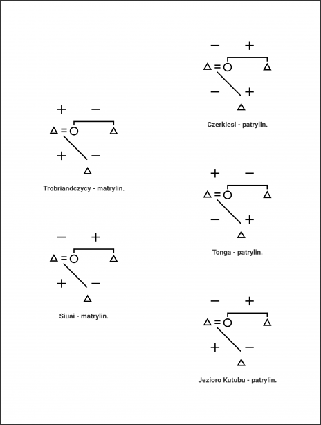 Legenda: Symbole trójkąta odnoszą się do męskich członków rodziny: ojca, syna i wuja (brata matki), kółko oznacza matkę. Plus i minus oznaczają relacje bliskie (+) bądź zdystansowane (-). Graf pokazuje, że zawsze mamy do czynienia z taką samą strukturą opartą na opozycjach binarnych, w której zmienia się jedynie rozkład wartości. Wykorzystano za zgodą autora rysunku Jana Smolarczyka.
