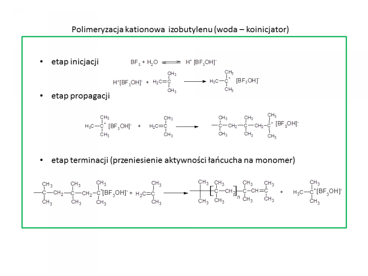 Przykład polimeryzacji kationowej izobutylenu.