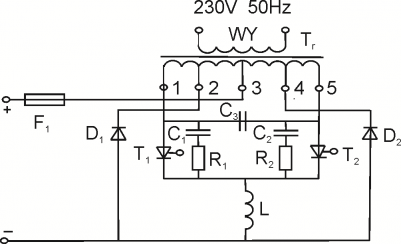 Schemat przykładowego przekształtnika DC/AC z transformatorem na wyjściu. Oprac. własne.