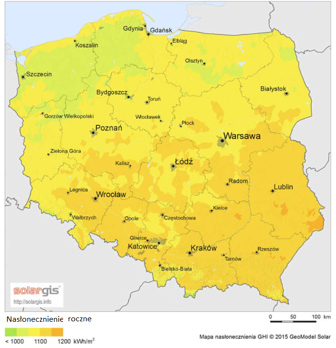 Energia słoneczna docierająca do Polski na powierzchnię metra kwadratowego w ciągu jednego roku. Rys. OpenStreetMap, licencja CC BY-SA 2.0, źródło: [https://www.openstreetmap.org/copyright/en].