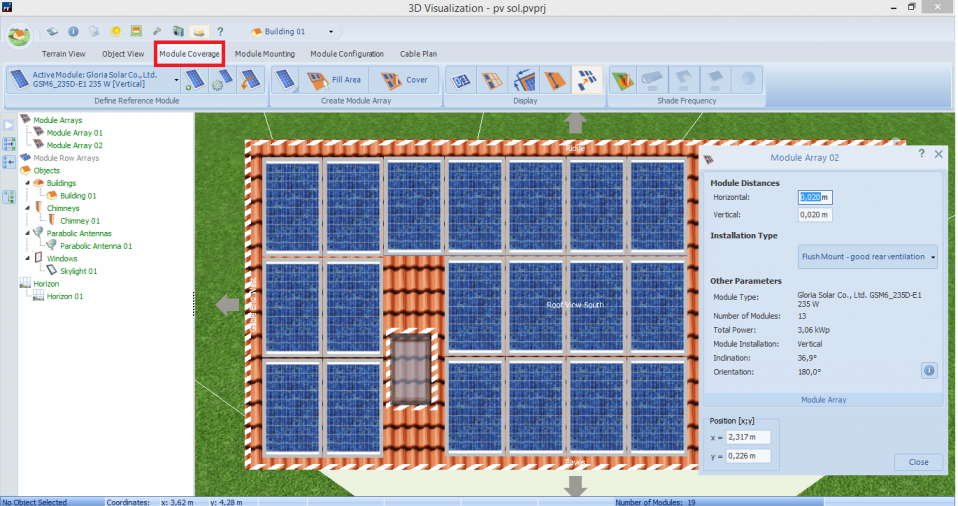 PV*SOL program working screen showing the designed PV plant and the window for editing the module position. Own elaboration on the basis of the PV*SOL premium 2021 software from [https://valentin-software.com/en/products/pvsol-premium/|Valentin Software GmbH].