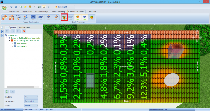 Working screen shot of PV*SOL program with visualization of annual shading for each photovoltaic panel. Own elaboration on the basis of the PV*SOL premium 2021 software from [https://valentin-software.com/en/products/pvsol-premium/|Valentin Software GmbH].