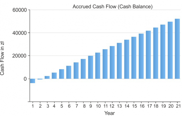 The graph of cumulative cashflow by year plotted in the PV*SOL program. Own elaboration on the basis of the PV*SOL premium 2021 software from [https://valentin-software.com/en/products/pvsol-premium/|Valentin Software GmbH].