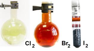 Chlor, brom i jod w formie pierwiastkowej.