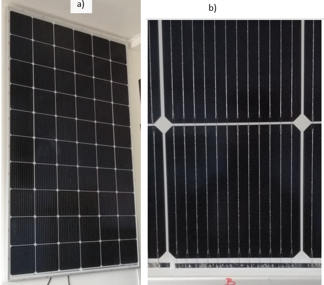 Monocrystalline Si p-type panel; a) photovoltaic panel, b) cell in monocrystalline panel. Own elaboration.