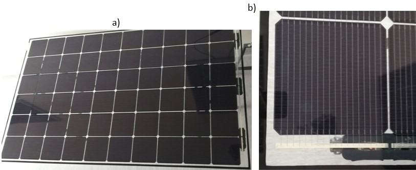(a) Photograph of a bifacial photovoltaic panel made by Hanplast Energy, (b) single cell. Own elaboration.