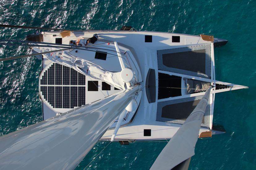 Alibi 54 catamaran equipped with 12 Solbian SP series flexible modules from Solbian Energie Alternative SRL. Photo used with permission from [https://www.solbian.eu/en/|Solbian Energie Alternative SRL].
