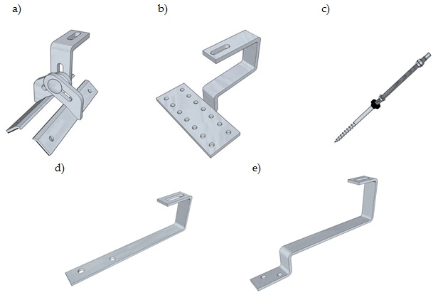 Examples of elements for connecting the roof with the support structure for the PV system: a) adjustable mounting brackets (trapezoidal metal sheet), b) hook (ceramic tile), c) double-threaded bolt (tile sheet), d) L-type mounting bracket (roofing felt), and e) non-adjustable mounting bracket (plain tile) – KENO Sp. z o.o. mounting elements. Photo used by permission of [http://www.keno-energy.com/|KENO Sp. z o.o.].