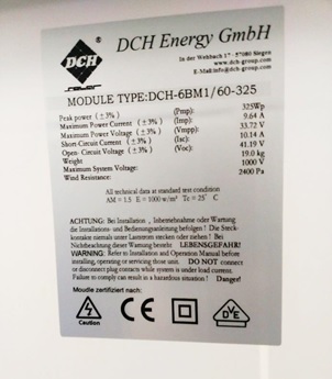 Nameplate of a photovoltaic module made with CIGS technology from DCH Energy GmbH.