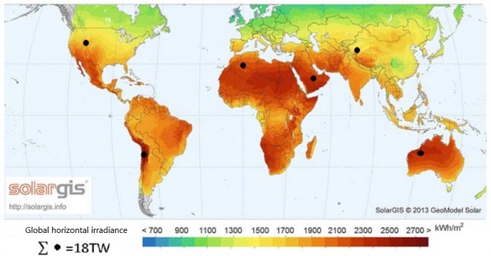 Annual average solar irradiance distribution over the surface of the Earth. The impact of the Earth's atmosphere is taken into account. Fig. OpenStreetMap, CC BY-SA 2.0 license, source: [https://www.openstreetmap.org/copyright/en|OpenStreetMap].