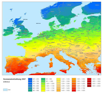 Solar energy reaching Europe at an area of 1 square metre in one year. Solar insolation of the surface of Europe taking into account the influence of the Earth's atmosphere (different overcover in different areas). Fig. OpenStreetMap, CC BY-SA 2.0 license, source: [https://www.openstreetmap.org/copyright/en|OpenStreetMap].