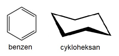 Uproszczone struktury benzenu i cykloheksanu.