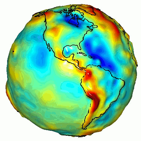 Geoida. NASA, GRACE globe animation, licencja PD, źródło: [https://commons.wikimedia.org/wiki/File:GRACE_globe_animation.gif|Wikimedia Commons].