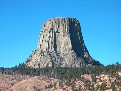 Pień wulkaniczny. Fot. 1025wil, Devils Tower NM Wyoming.JPG, licencja CC BY-SA 3.0, źródło: [https://commons.wikimedia.org/wiki/File:Devils_Tower_NM_Wyoming.JPG|Wikimedia Commons].