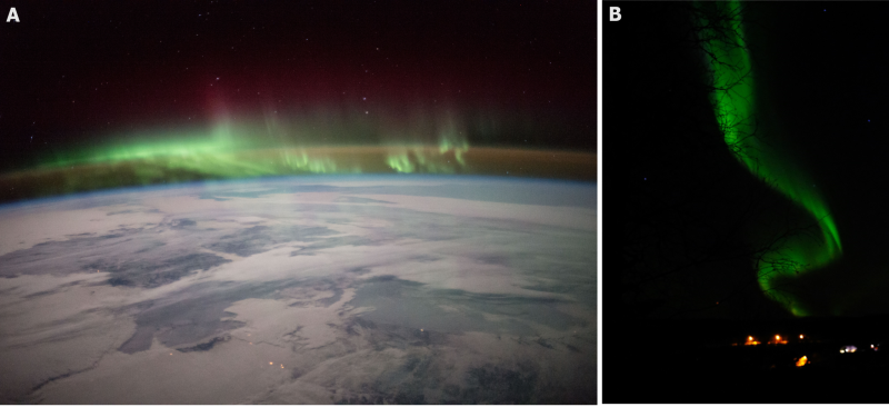 Zorza polarna. A: fot. NASA astronaut Scott Kelly took this aurora image over Canada on Jan. 21, 2016 09.jpg, licencja PD, źródło: [https://commons.wikimedia.org/wiki/File:NASA_astronaut_Scott_Kelly_took_this_aurora_image_over_Canada_on_Jan._21,_2016_04.jpg|Wikimedia Commons] ; B: fot. Felix M. Gradstein. Wykorzystano za zgodą autora. 