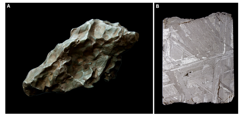 Meteoryty żelazne. A: meteoryt Sithole (wielkość 22 cm), B: figury Widmanstättena na przekroju meteorytu Tartak (wysokość okazu 12 cm). A-B: fot. Krzysztof Szopa. Wykorzystano za zgodą autora. 