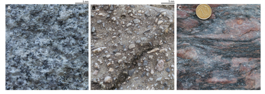 A: skała magmowa, B: skała osadowa, C: skała metamorficzna. 