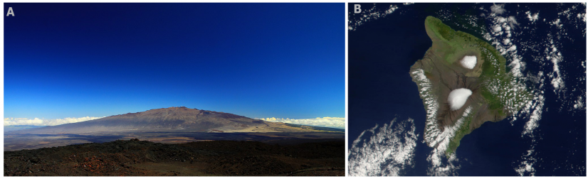 Mauna Kea (Hawaje). A: fot. Nula666, Mauna Kea from Mauna Loa Observatory, Hawaii, licencja CC BY-SA 3.0, źródło: [https://commons.wikimedia.org/wiki/File:Mauna_Kea_from_Mauna_Loa_Observatory,_Hawaii_-_20100913.jpg|Wikimedia Commons] ; B: fot. NASA Earth Observatory,  Mauna Kea (north) and Mauna Loa (south), licencja PD, źródło: [https://commons.wikimedia.org/wiki/File:Mauna_Loa_Mauna_Kea.jpg|Wikimedia Commons]. 