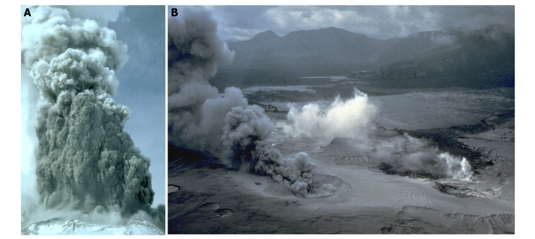 Eksplozje freatyczne. A: fot. Swanson D. A., Phreatic eruption at the summit of Mount St. Helens (Washington, USA), licencja PD, źródło: [https://www.usgs.gov/media/images/phreatic-eruption-summit-mount-st-helens-wa-hundreds-o|USGS] ; B: fot. Dan Dzurision, Spirit Lake, Pumice Plain, and phreatic explosions, licencja PD, źródło: [https://commons.wikimedia.org/wiki/File:MSH80_spirit_lake_pumice_plain_phreatic_explosions_05-29-80.jpg|Wikimedia Commons].
