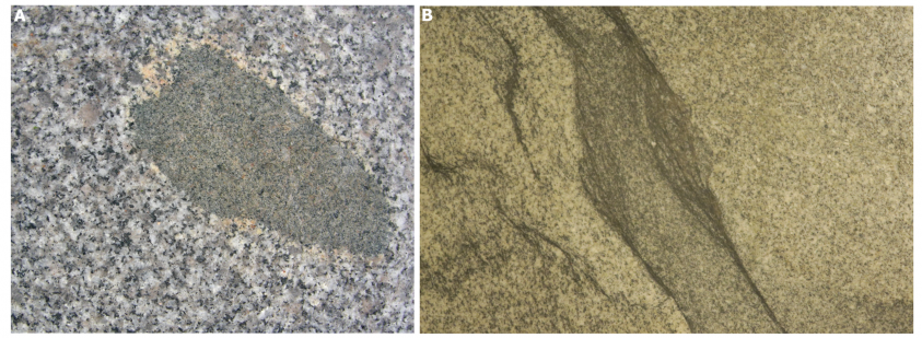 A: ksenolit diorytoidu w granitoidzie, B: szliry. 