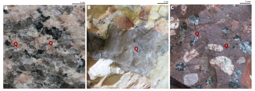 Kryształy kwarcu dymnego (Q) w skałach magmowych: A: w granitoidzie, B: w pegmatycie, C: w porfirze kwarcowym.
