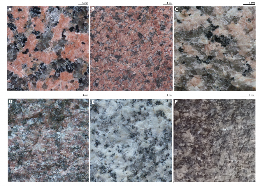 Kwaśne skały głębinowe. A-B: granit alkaliczno-skaleniowy, C-D: granit, E: granodioryt, F: tonalit. 
