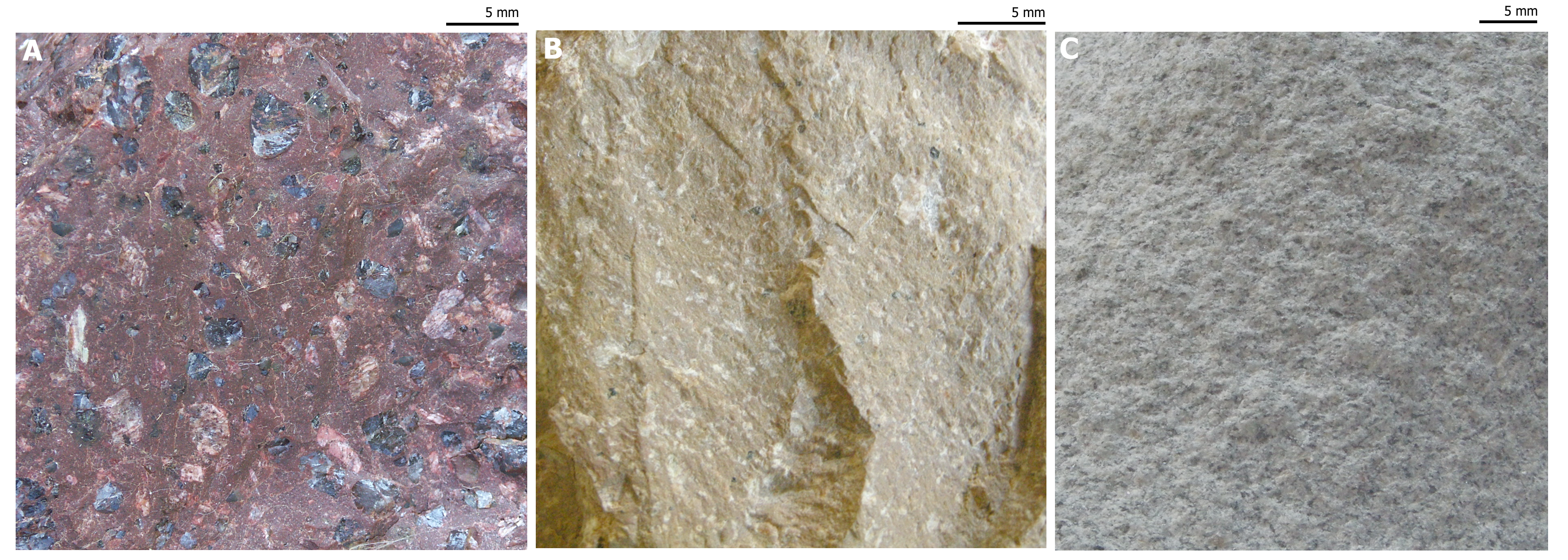  Kwaśne skały wylewne. A: porfir kwarcowy, B: riolitoid, C: dacytoid. 