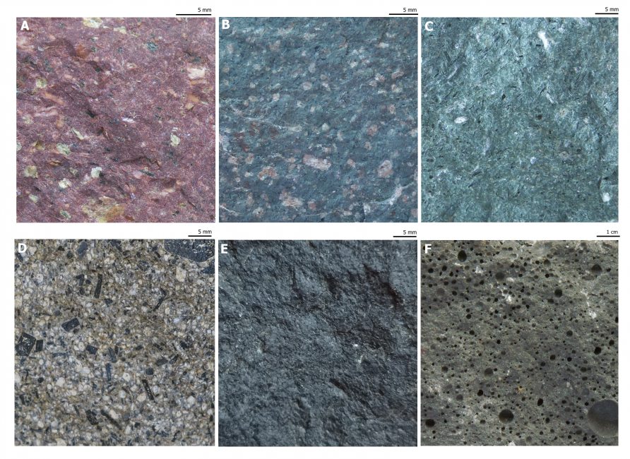 Obojętne skały wylewne. A-B: porfir, C-D: andezyt, E-F: bazalt. 