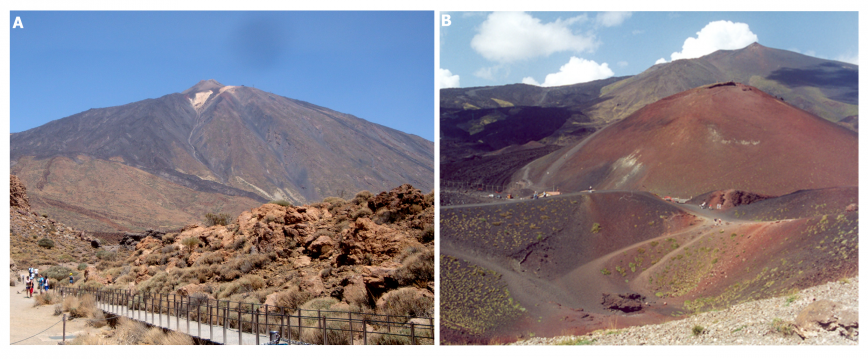 Wulkany erupcji centralnych. A: Wulkan Teide (Teneryfa, Hiszpania), B: Etna - stożek główny i stożki pasożytnicze (Sycylia, Włochy).