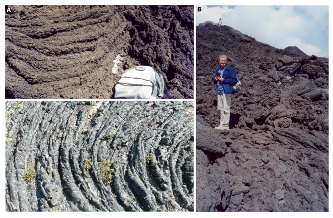 A-B: Wulkan Etna (Sycylia, Włochy). A: lawa trzewiowa, B: zakrzepły potok lawy trzewiowej, C: odmiana lawy trzewiowej tzw. lawa sznurowa (Idaho, USA).