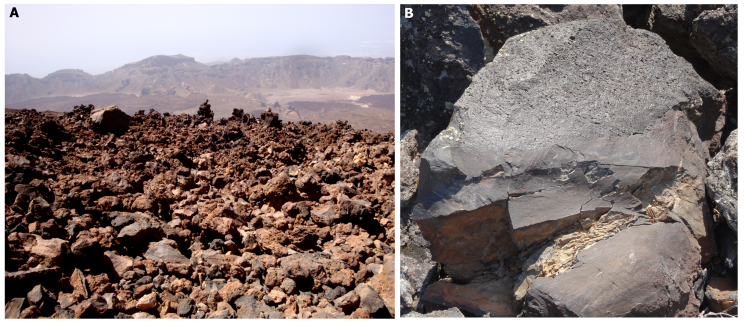A: lawa blokowa, wulkan Teide (Teneryfa, Hiszpania), B: blok lawy szklistej z przejściem do lawy porowatej (Idaho, USA).