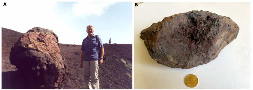 Bomby wulkaniczne. A: z wulkanu Etna (Sycylia, Włochy), B: z Masywu Centralnego (Francja). 