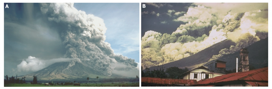 Spływy piroklastyczne. A: fot. C. G. Newhall, Pyroclastic flows at Mayon Volcano, Philippines, licencja PD, źródło: [https://pl.wikipedia.org/wiki/Plik:Pyroclastic_flows_at_Mayon_Volcano.jpg|Wikimedia Commons] ; B: fot. William Buell, Volcan de Fuego (Guatemala) pyroclastic flows - october 1974 eruption, licencja PD, źródło: [https://commons.wikimedia.org/wiki/File:Volcan_de_Fuego_pyroclastic_flows_-_october_1974_eruption.jpg|Wikimedia Commons].