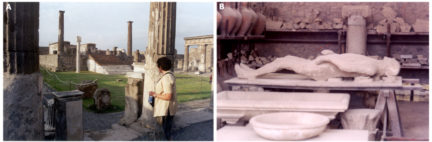 A: Ruiny świątyni w Pompejach, B: gipsowy odlew ofiary wybuchu Wezuwiusza.