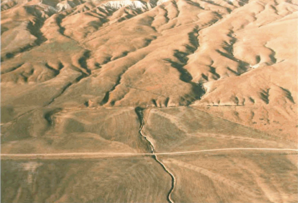 Przesunięcie potoku Wallace Creek wzdłuż uskoku San Andreas (Kalifornia, USA). Fot. Robert E. Wallace, licencja PD, źródło: [https://commons.wikimedia.org/wiki/File:Wallace_Creek_offset_across_the_San_Andreas_Fault.png|Wikimedia Commons]. 