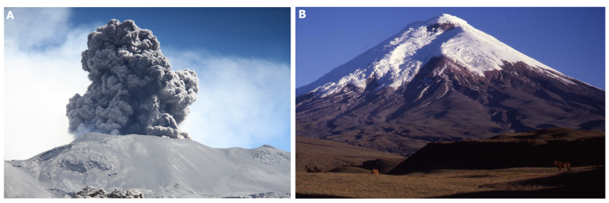 Erupcje centralne wulkanów. A: erupcja wulkanu Sabancaya (Peru), B: Wulkan Cotopaxi (Ekwador). Fot. A-B Andrzej Gałaś. Wykorzystano za zgodą autora.