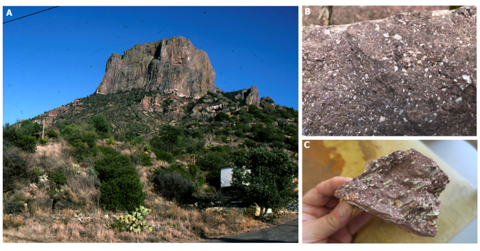 A: bazalt (Park Narodowy Big Bend, Teksas, USA), B: porfir (Zalas, okolice Krakowa), C: melafir (Rudno, okolice Krakowa).