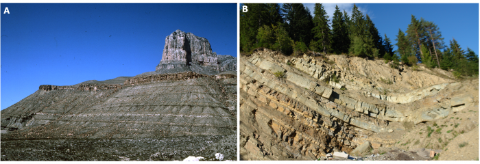 A: niesfałdowane wapienie (Guadalupe Peak, Teksas, USA), B: sfałdowane piaskowce i łupki (Jasenica, Słowacja).