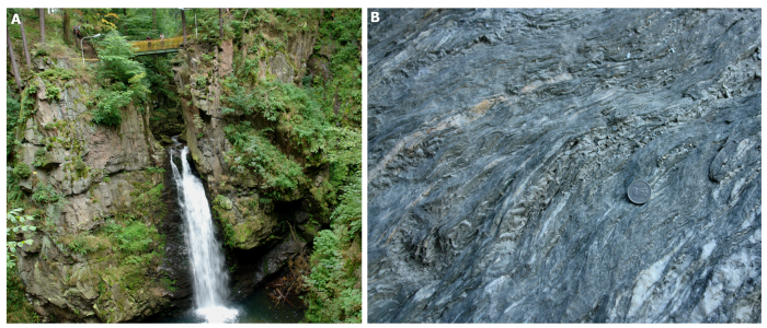 A: skały metamorfizmu regionalnego – gnejsy gierałtowskie (Międzygórze, Sudety), B: skały ultrametamorfizmu – migmatyty (Himalaje Garhwalu, Indie). 