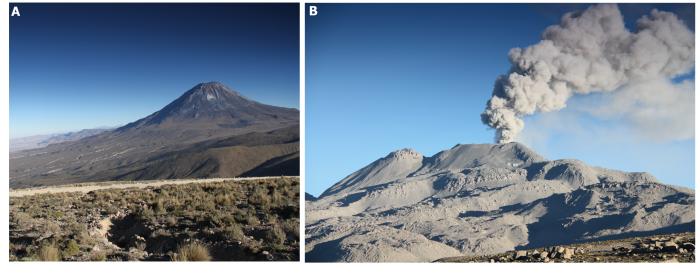 A: Wulkan Misti, B: erupcja wulkanu Subancayo (Kordyliera Zachodnia, Andy, Peru). A-B: fot. Andrzej Gałaś. Wykorzystano za zgodą autora.