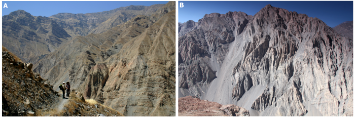 A: głęboko wcięta Dolina Huambo (Kordyliera Zachodnia, Andy, Peru), B: silnie zdeformowane skały osadowe. A-B: fot. Andrzej Gałaś. Wykorzystano za zgodą autora.