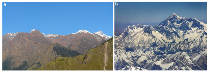 A: Małe i Wysokie Himalaje (Garhwal, Indie). Fot. – archiwum aut. ; B: Mont Everest, Nepal. Fot. Mt Everest Aerial.jpg, licencja CC BY 2.0, źródło: [https://commons.wikimedia.org/wiki/File:Mt_Everest_Aerial.jpg|Wikimedia Commons].