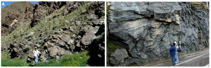 A: paleozoiczny ofiolit (Bayankhongor, Mongolia), B: mezozoiczny ofiolit Oceanu Tetydy (Wysokie Taury, Austria).