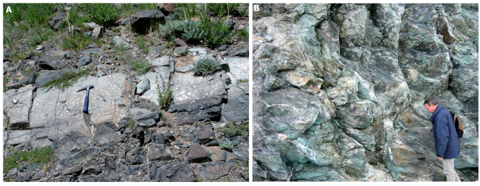 A: dajki pakietowe w paleozoicznym ofiolicie (Bayankhongor, Mongolia), B: zserpentynizowany mezozoiczny ofiolit Oceanu Tetydy (Rejon Matterhornu, Szwajcaria). 
