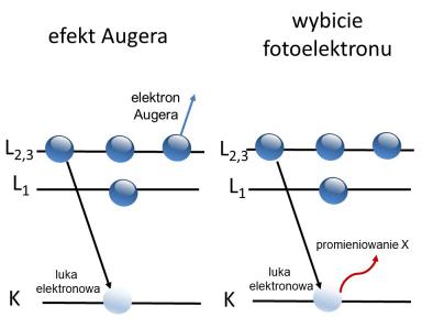 Porównanie zjawisk wybicia elektronu Augera oraz fotoelektronu w spektroskopii XPS.